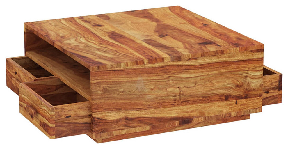 Delaware Rustic Solid Wood Square Coffee Table with 4 Drawers   Rustic   Coffee Tables   by Sierra Living Concepts Inc  Houzz