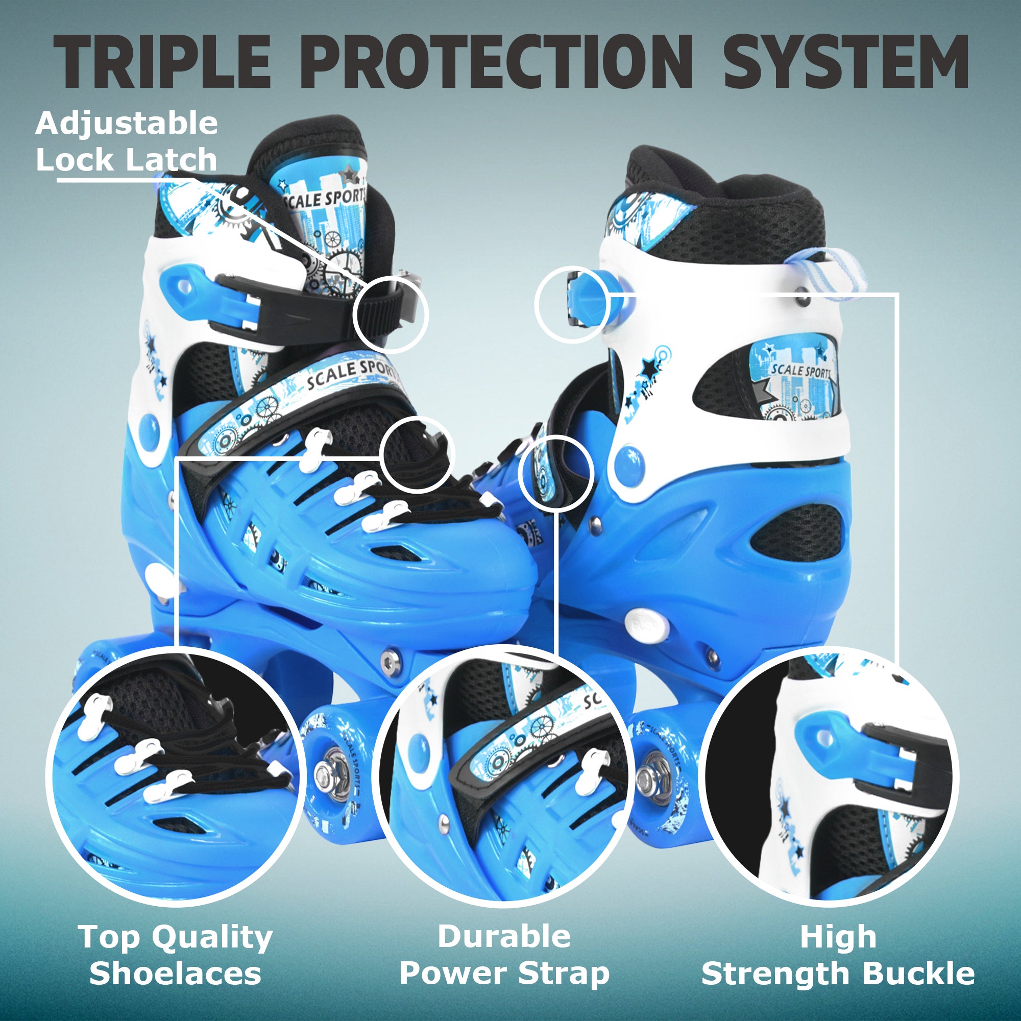 Adjustable Light Blue Quad Roller Skates For Kids Medium Sizes