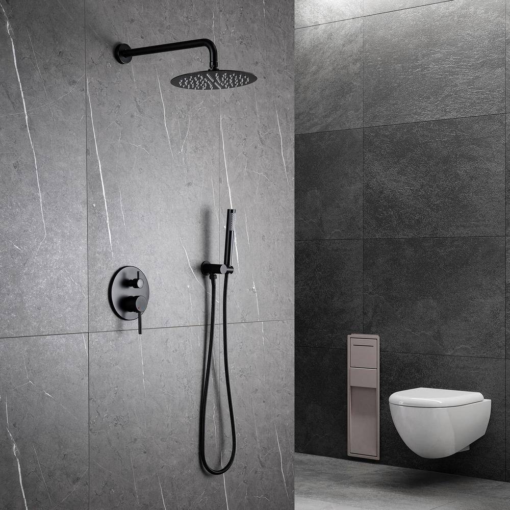 IHOMEadore 1-Spray Round Hand Shower and Showerhead from Wall Combo Kit with Slide Bar and Valve in Matte Black RCS81001MB