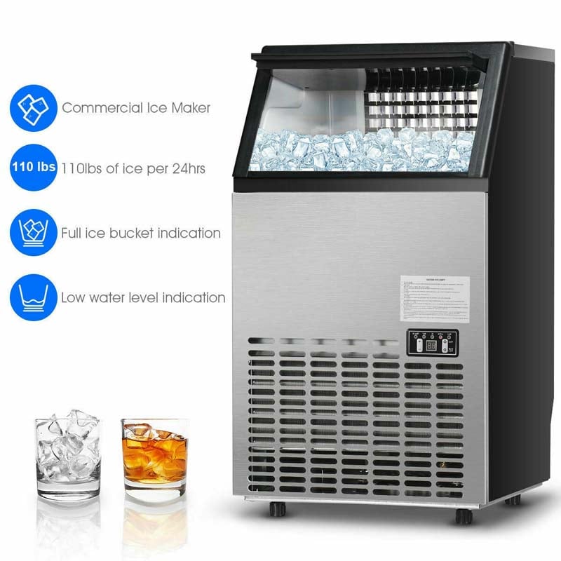 110LBS/24H Commercial Ice Maker with 33LBS Storage Capacity, Free-Standing Ice Machine