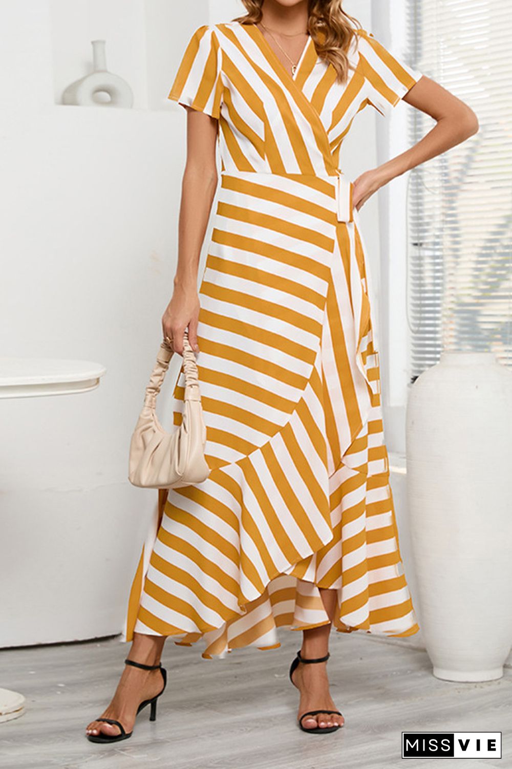 Stripes Splicing Irregular Ruffle Maxi Dress