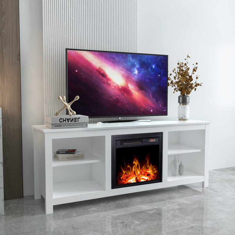 White TV Cabinet With Electric Fireplace and Heater Remote Control Set   Transitional   Entertainment Centers And Tv Stands   by Miron Demid LLC  Houzz