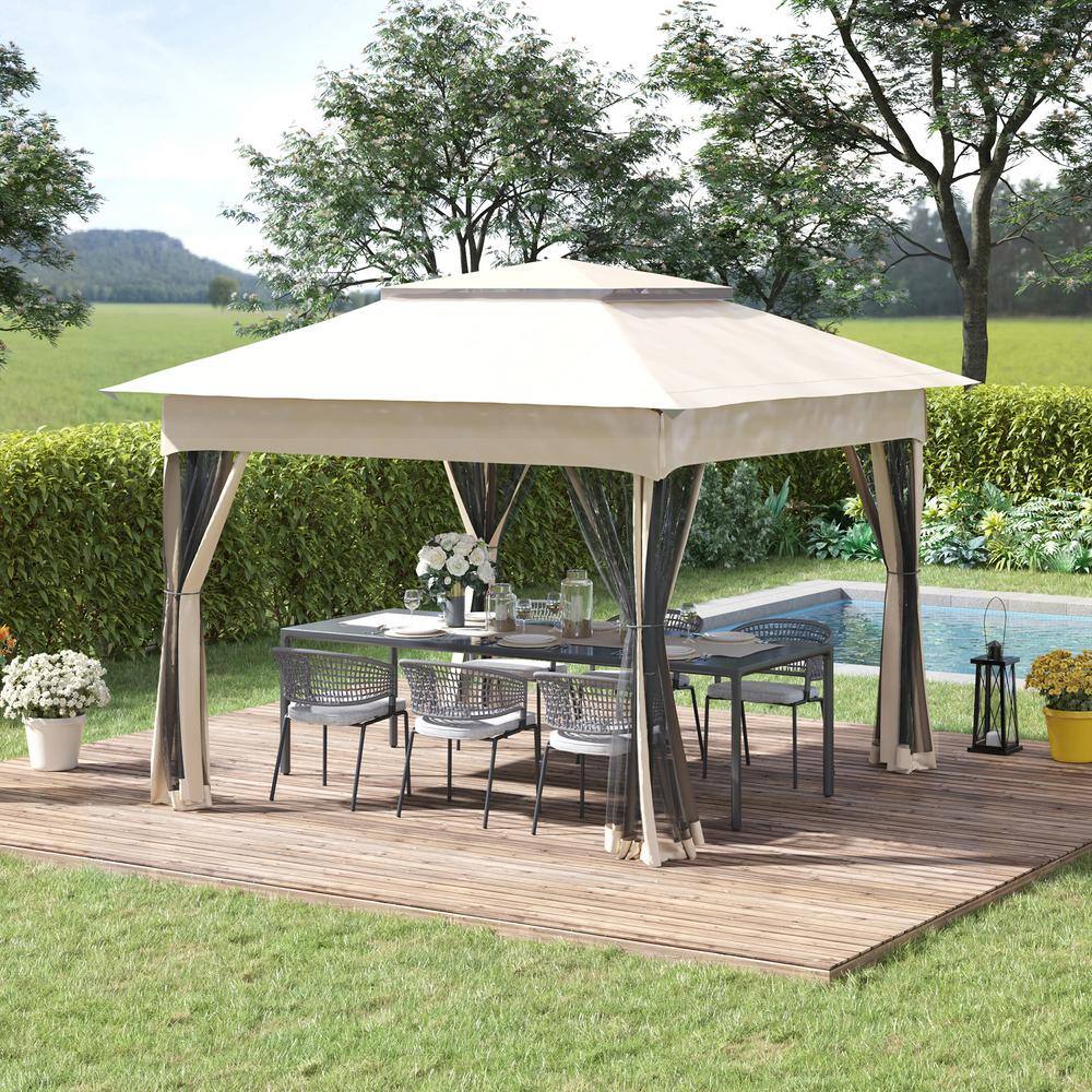 Outsunny Outdoor 11 ft. x 11 ft. Pop Up Beige Gazebo Canopy Shelter with 2-Tier Soft Top and Removable Zipper Netting 840-166CW