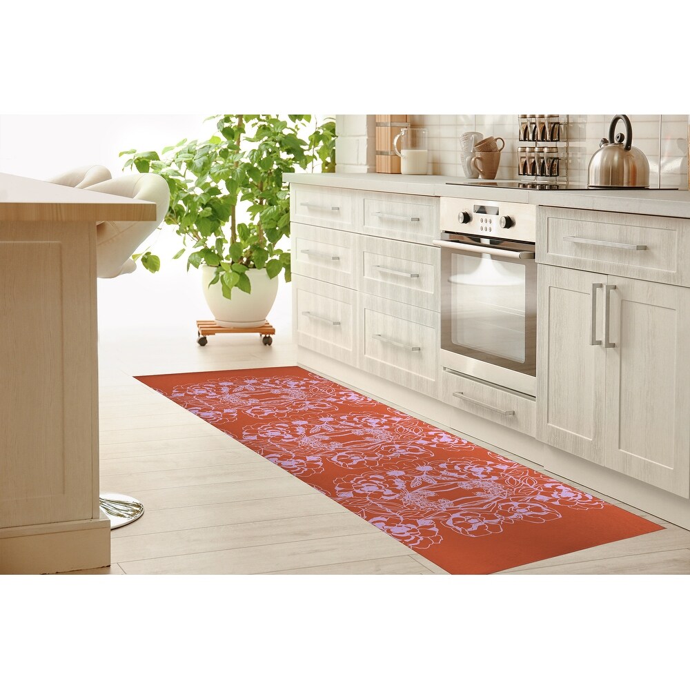 WOODBLOCK FLORAL ORANGE Kitchen Mat by Kavka Designs