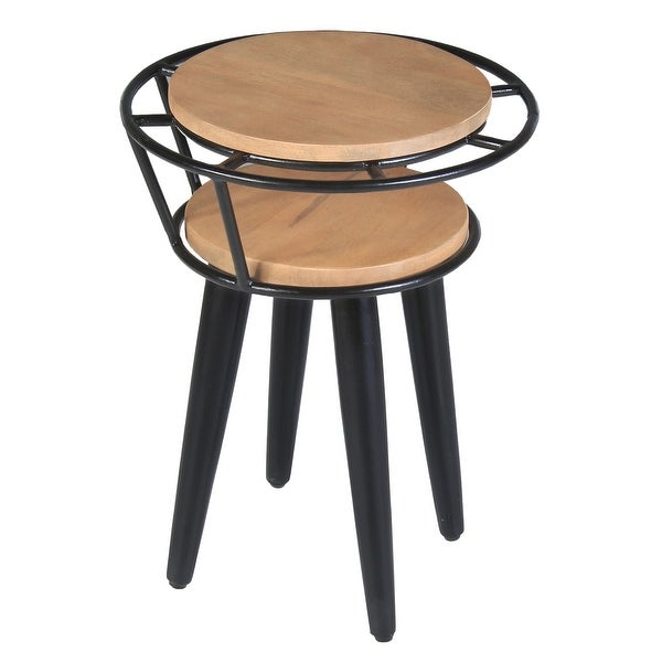 Industrial End Table with 2 Tier Round Wooden Shelving and Metal Frame， White Oak and Black