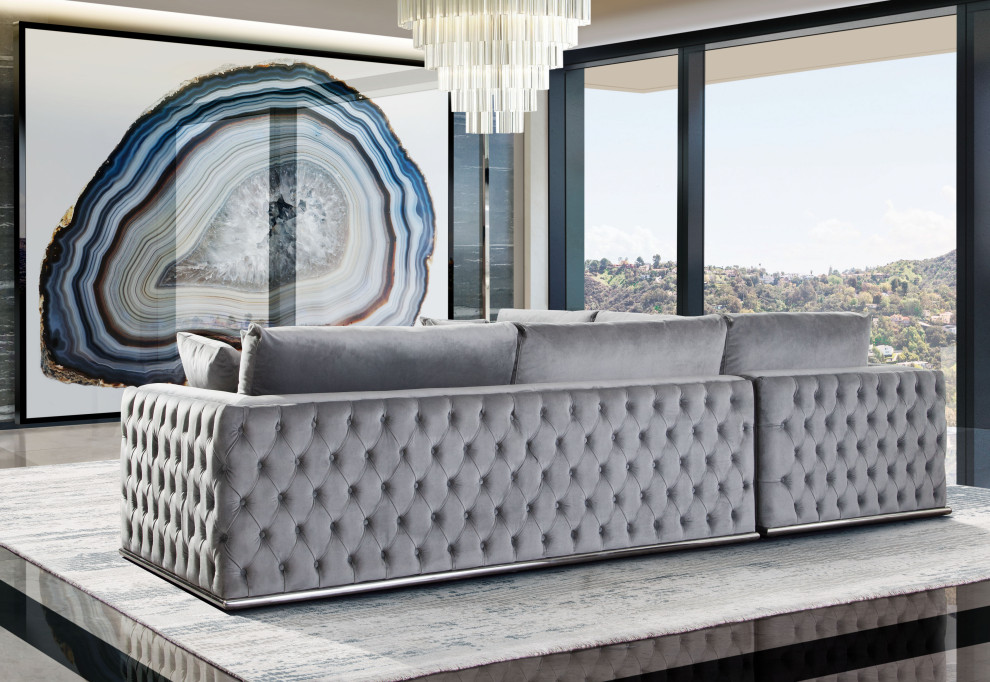 Envy 3 Piece Sectional  Platinum Gray Velvet With Detail and Silver Metal Trim   Contemporary   Sectional Sofas   by HedgeApple  Houzz