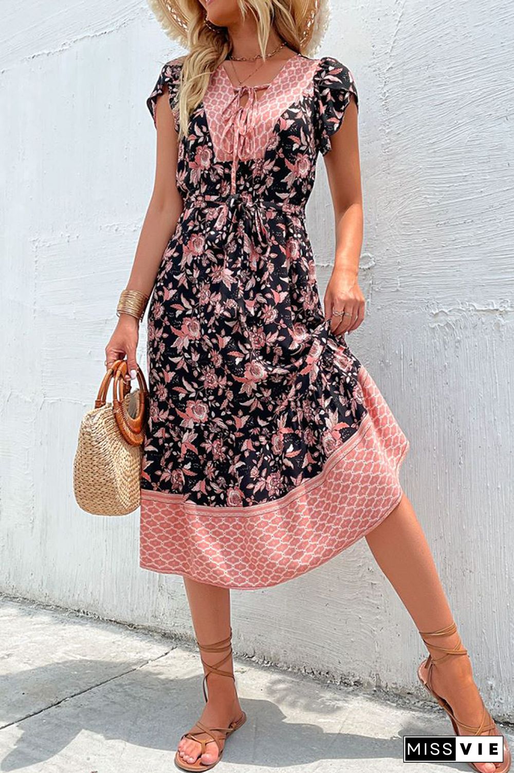 Black Floral Print Sleeveless Dress Wholesale