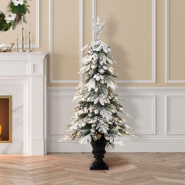 Glitzhome 4FT/5FT PreLit Flocked Fir Artificial Christmas Potted Porch Trees