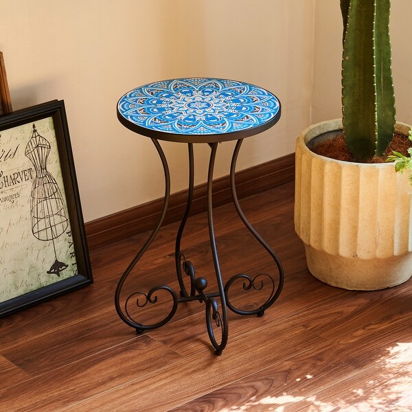 COZ Outdoor Patio Mosaic Ceramic Tile Side Table and Plant Stand