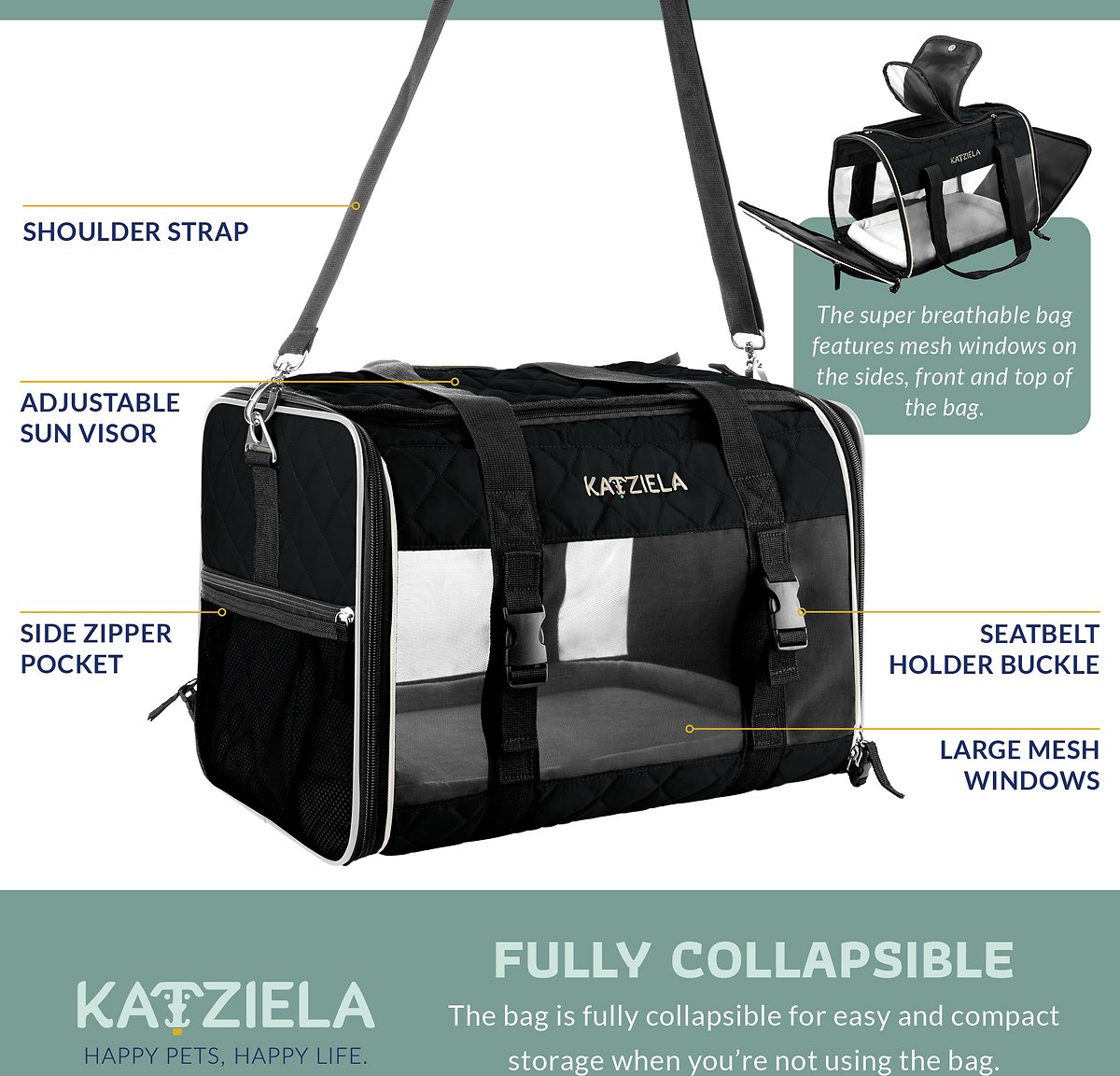 Katziela Quilted Companion Cat and Dog Carrier – Black