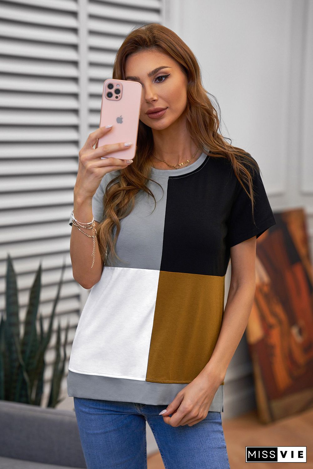 Brown Colorblock T-shirt with Slits