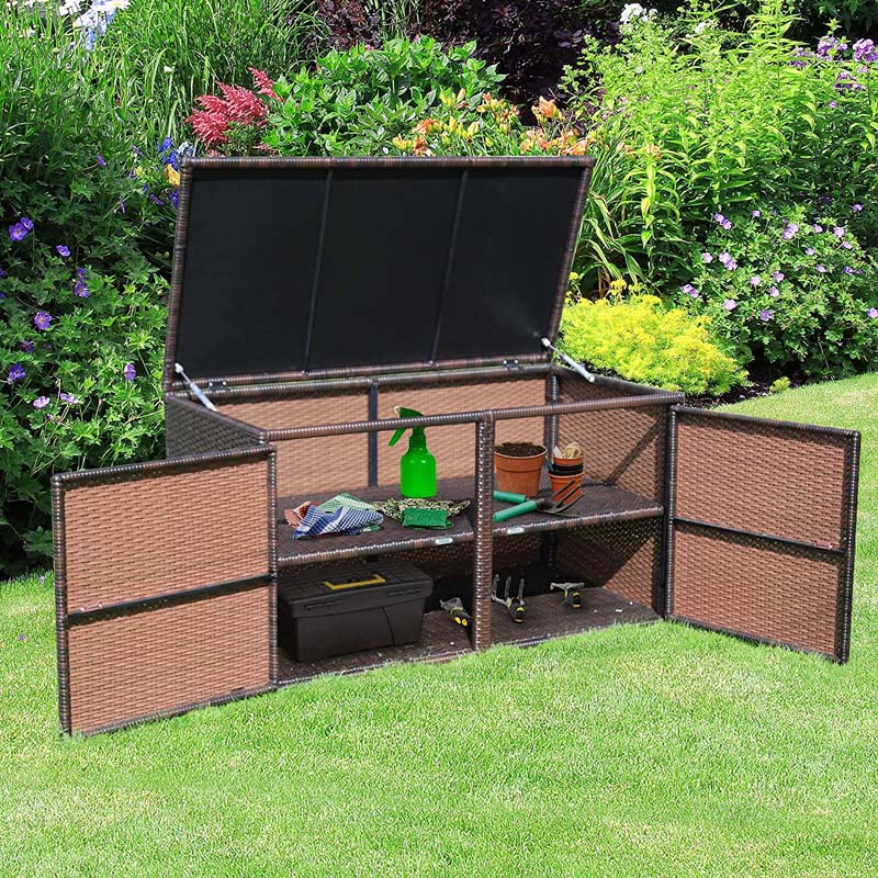 88 Gallon Patio Wicker Storage Box Rattan Deck Bench with Openable Door