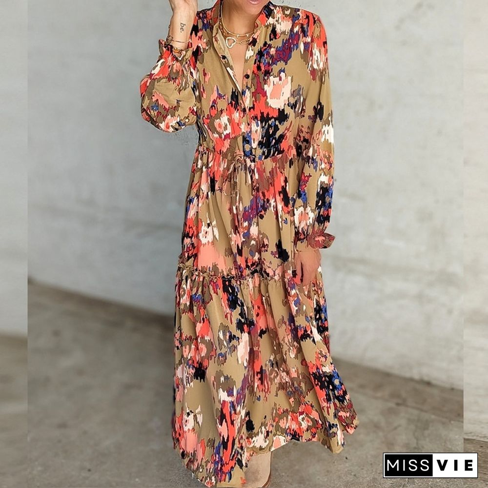 Fashion Floral Print Long Dress Women Fall Vintage Long Sleeve Stand Collar Single Breasted Waist Dress Women Loose Boho Dresses