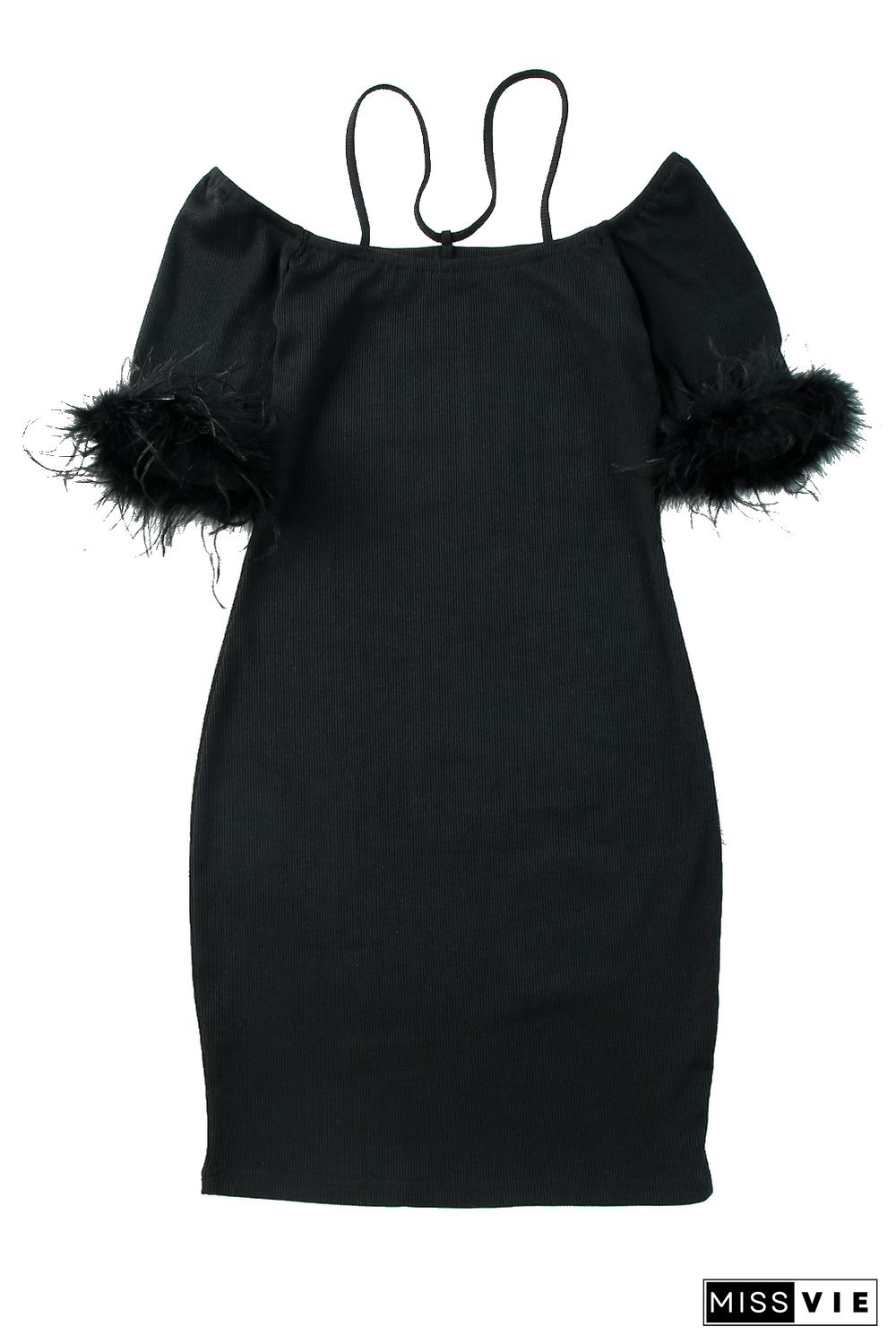 Black Ribbed Off Shoulder Feather Cuff Bodycon Dress