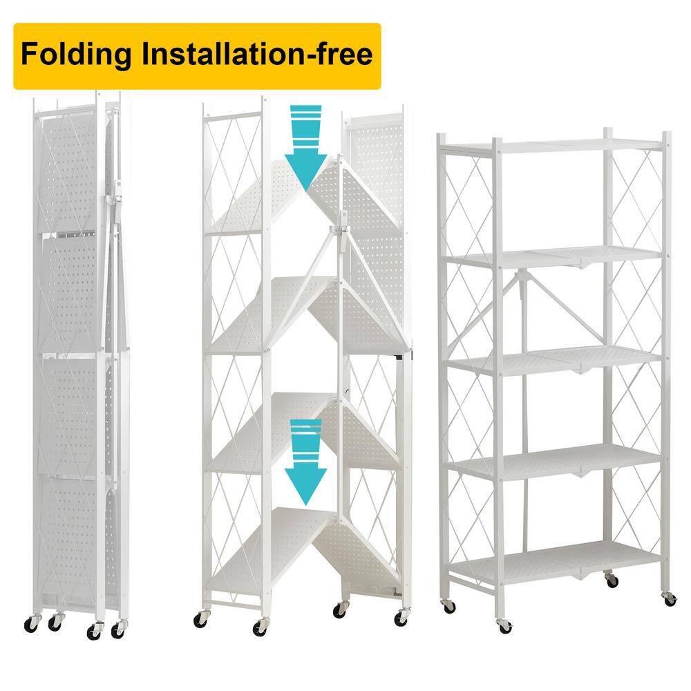 FUFUGAGA 64.3 in. H White Metal 10-Shelf Freestanding Standard Bookcase Foldable Metal Shelf Shelving Unit With Wheels KF210019-04-xin