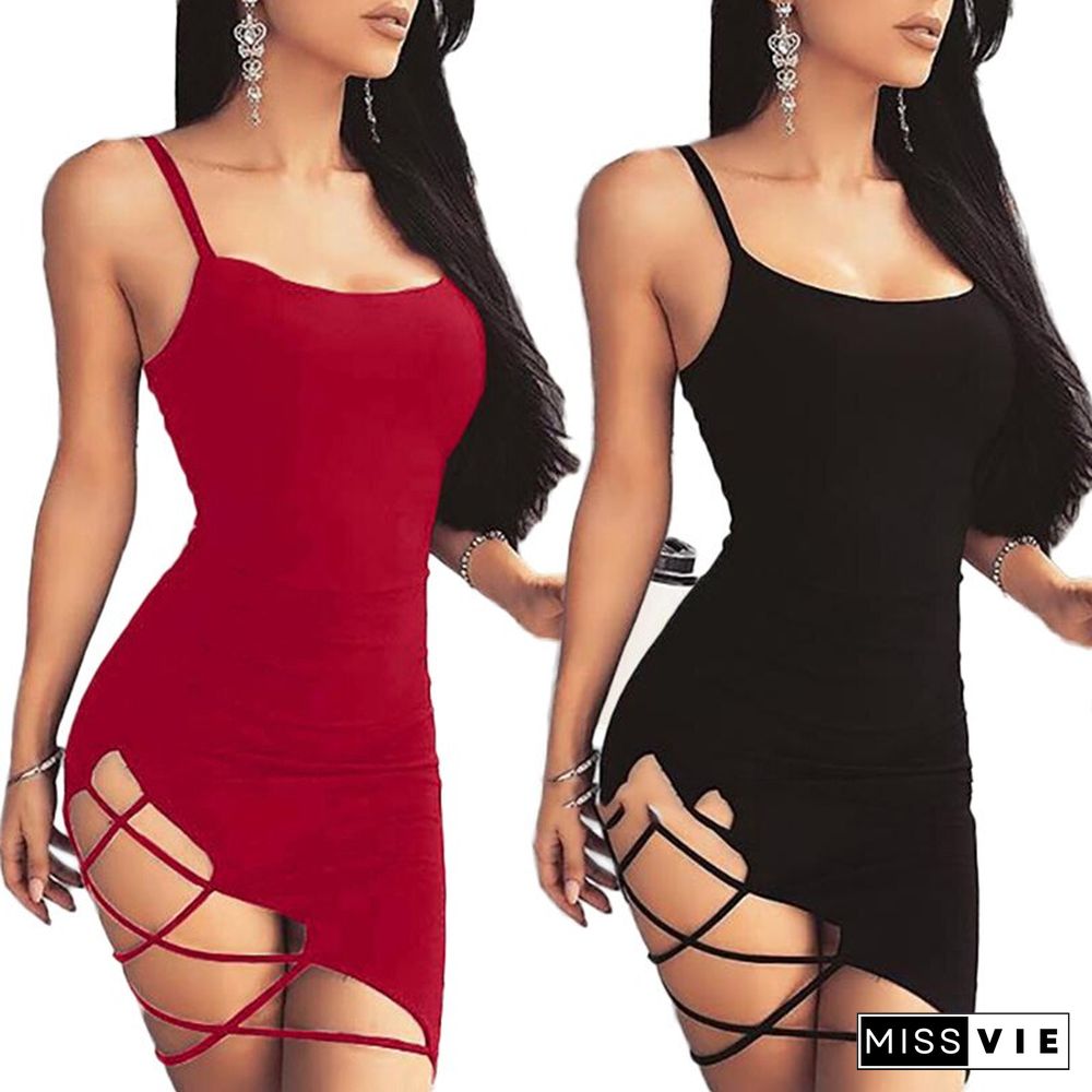 Back To School Outfit  Summer  Women Sexy Strap Dress Fashion Sexy Backless Sleeveless Side Hollow Out  Mini Sling Dresses Sheath Hip Party Dress