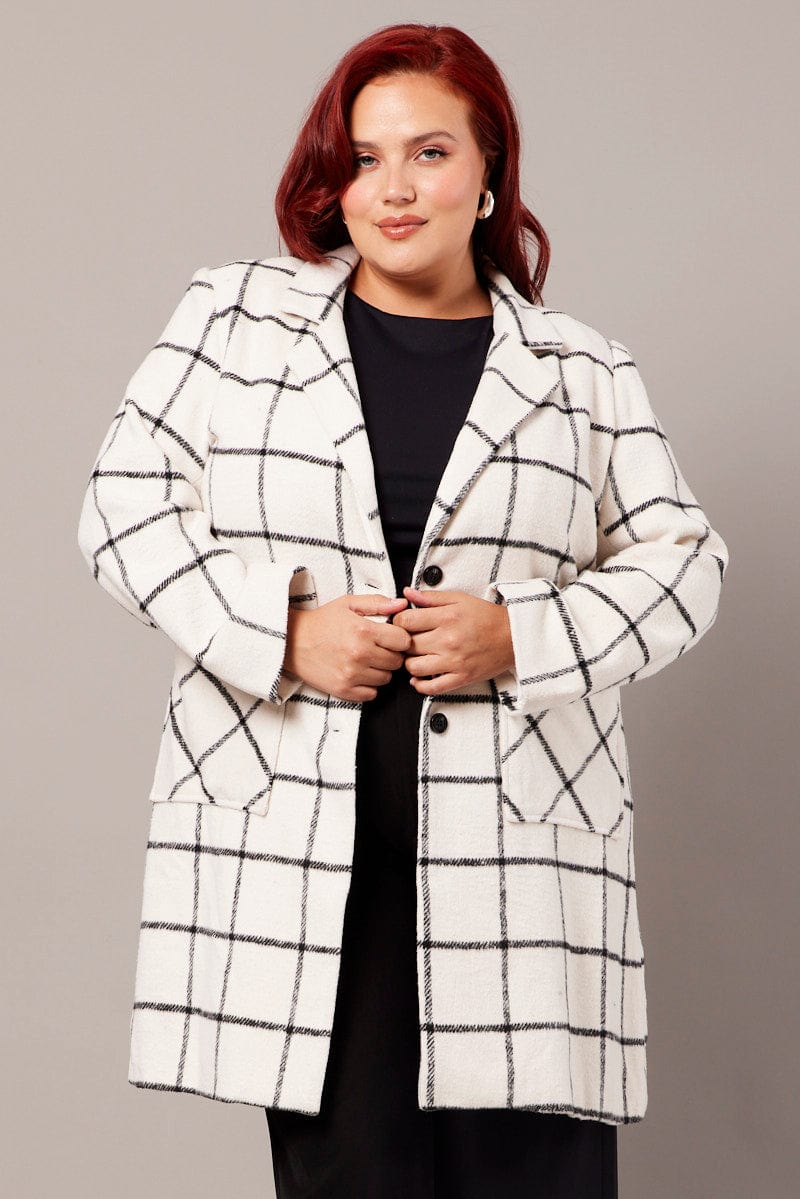 White Check Long Coat Lined Button Front