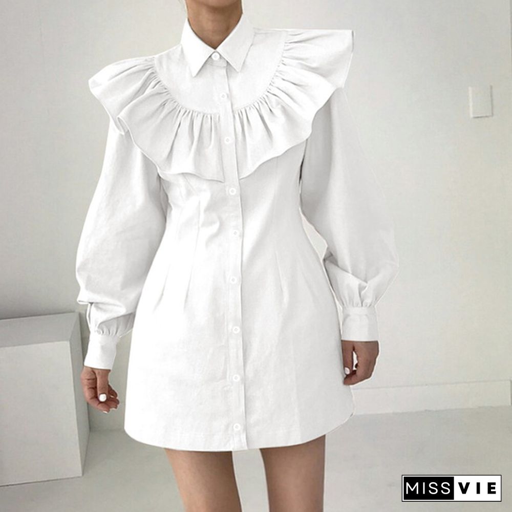 Women Long Sleeve Ruffle Trim Mini Shirt Dress