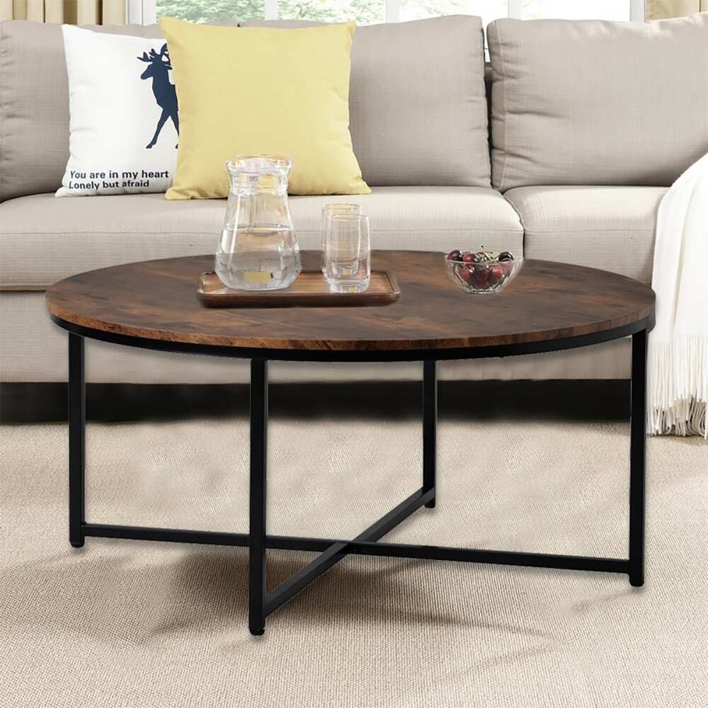 35.4 in. Low Round Wood Coffee Table with Adjustable Leg Pads