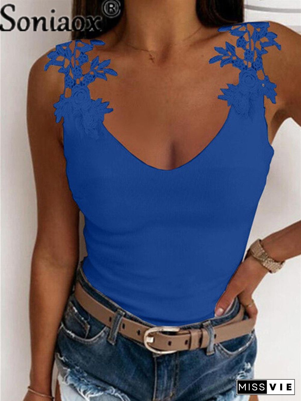 Sexy V-Neck Lace Vest Sleeveless Women Summer New Slim Casual Tees Solid Color Ladies Splice T-Shirt Tops S-5Xl