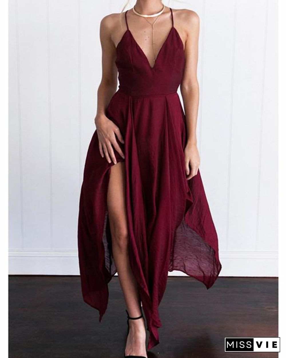 Spaghetti Strap Asymmetric Hem Backless Plain Sleeveless Maxi Dresses