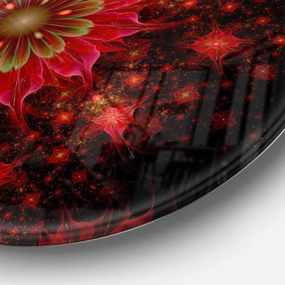 Designart 'Dark Red and Light Green Fractal Flowers' Digital Art Disc Metal Wall Art