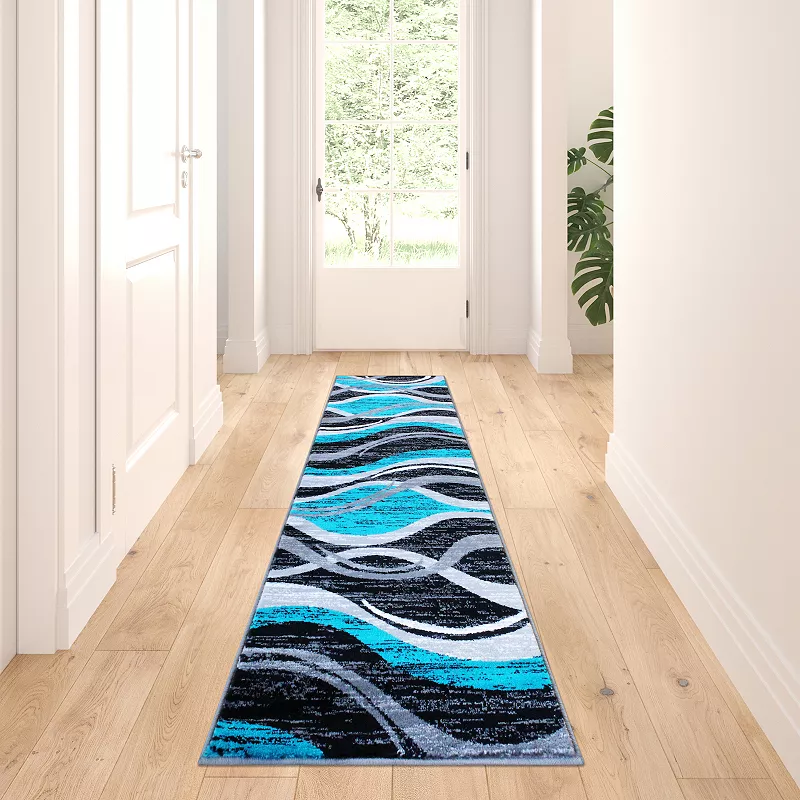 Masada Rugs Masada Rugs Stephanie Collection Area Rug Runner with Modern Contemporary Design 1109 in Turquoise， Gray， Black and White - 2'x7'