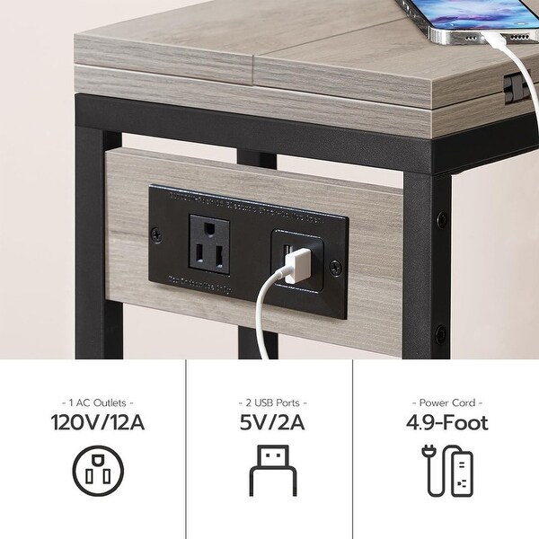 C Shaped Side Table with Charging Station，End Table，Greige and Black