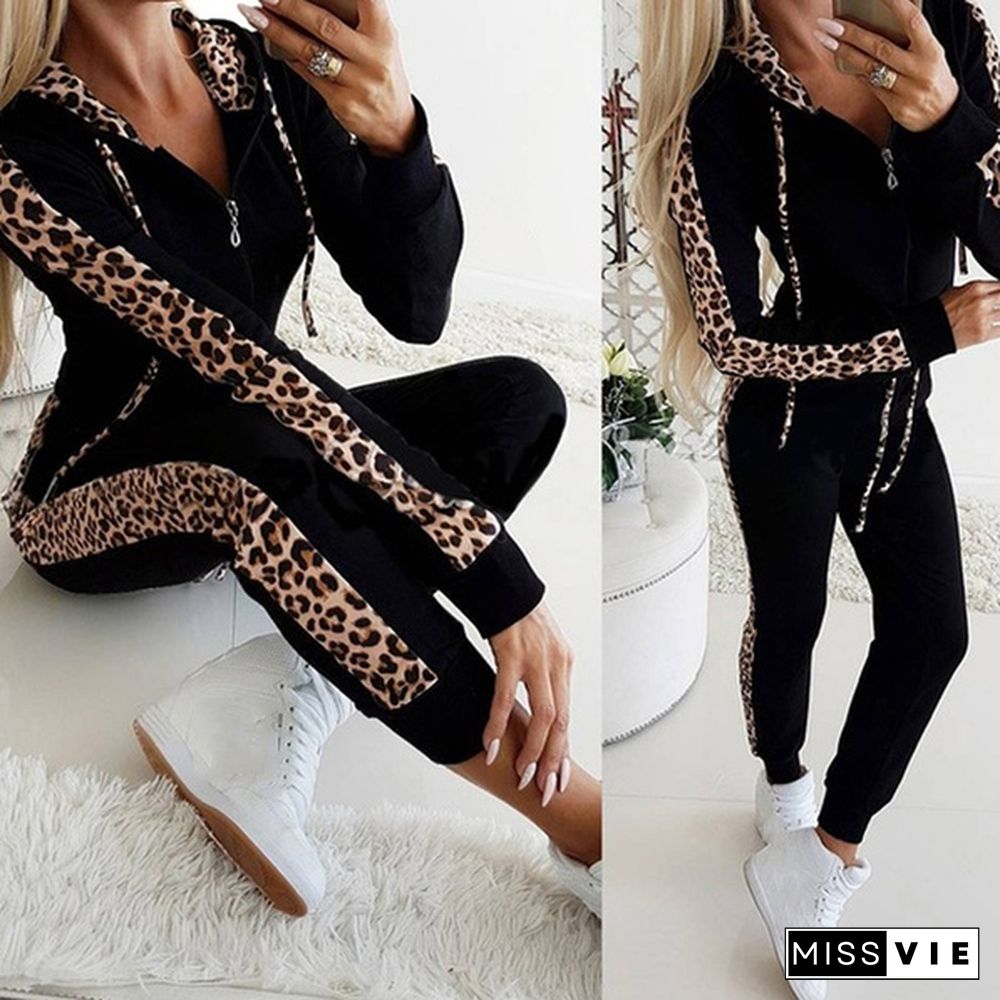 Women Fashion Leopard Printed Two Pieces Sports Suits Tops With Pants Tracksuit 2 Pieces Set Sweat Suits Jogging Outfits For Woman