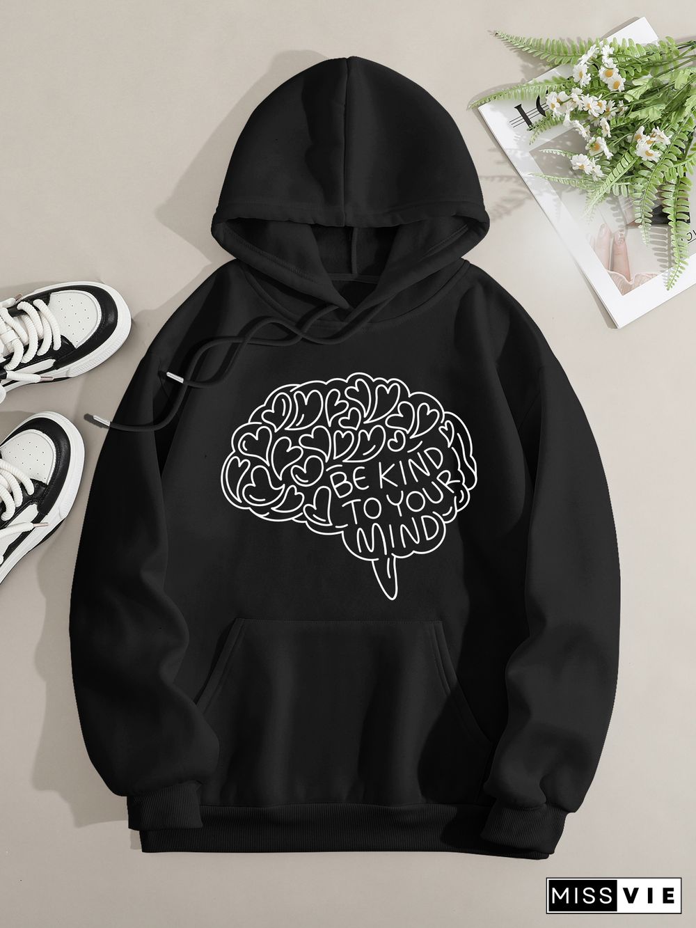 Printed on front Kangaroo Pocket Hoodie Long Sleeve for Women Pattern be kind to your mind