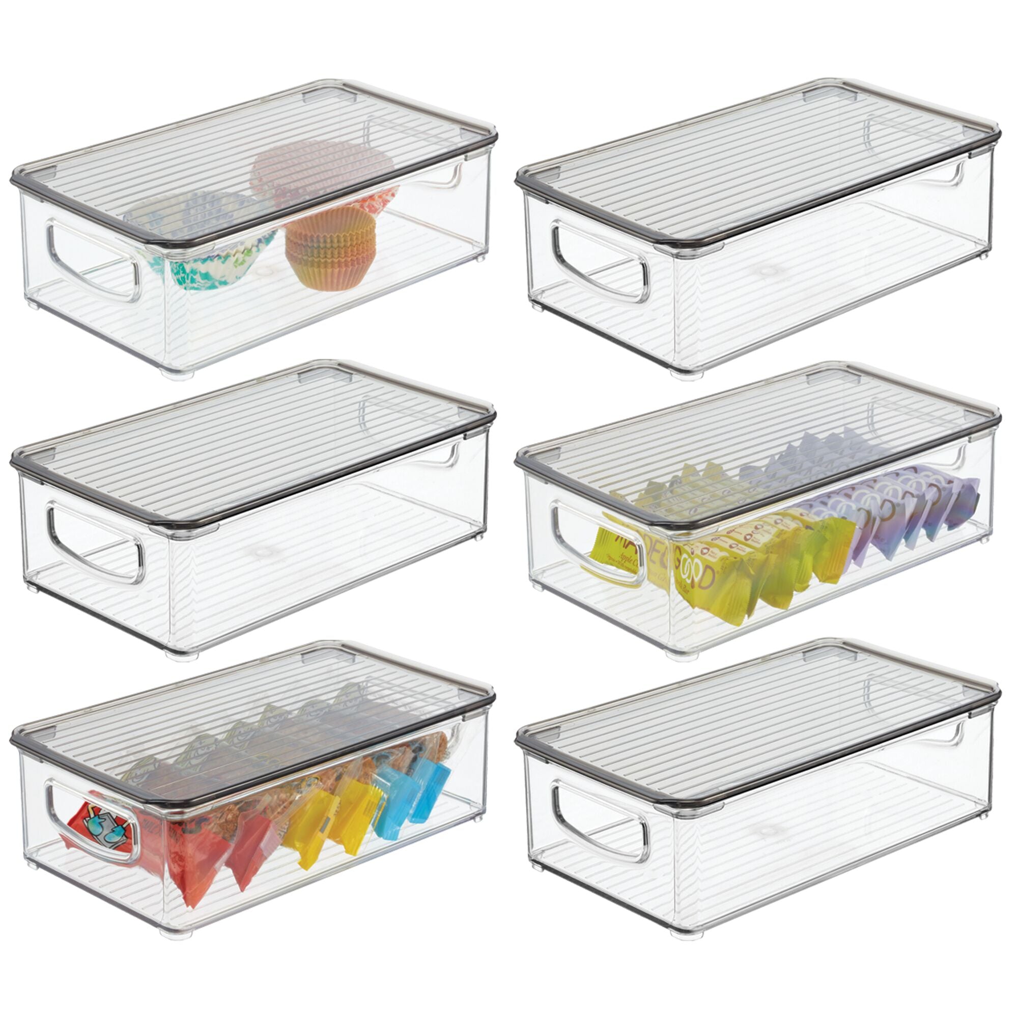 mDesign Plastic Stackable Kitchen & Pantry Storage Box for Cabinet, Refrigerator, Freezer Food Storage with Handles, Lid - Organization for Fruit, Snacks, Pasta - 3" High, 6 Pack - Clear/Smoke Gray