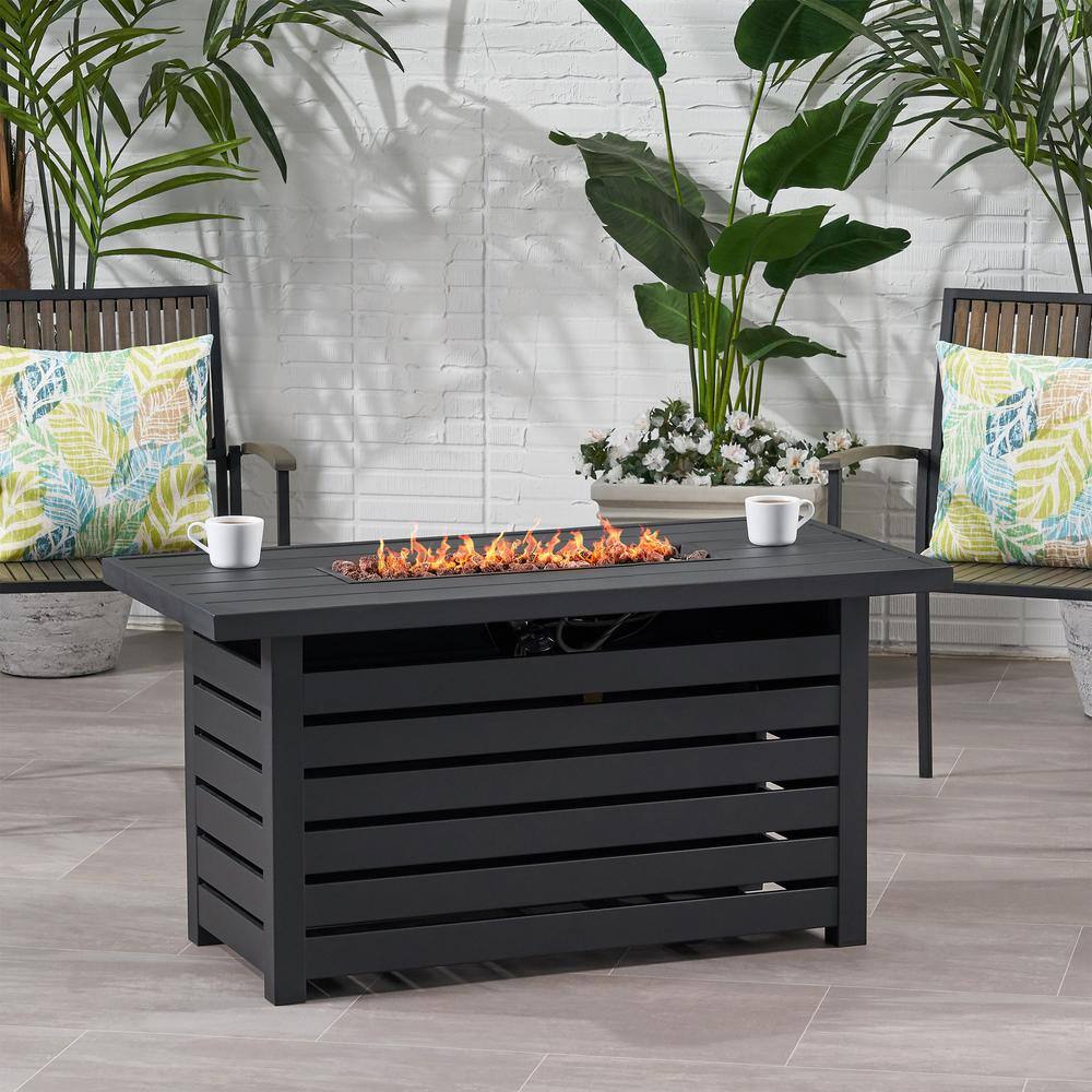 Noble House Rene 47.25 in. W x 24 in. H Outdoor Iron Gas Burning Matte Black Rectangular Fire Pit 69667