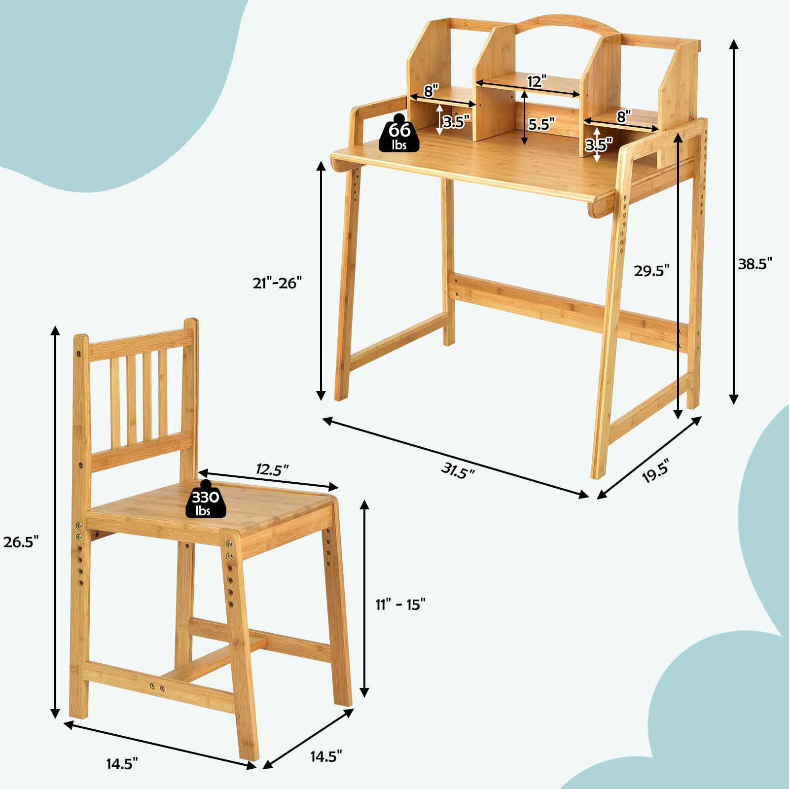 Costzon Kids Desk and Chair Set, Height Adjustable Children Study Table and Chair