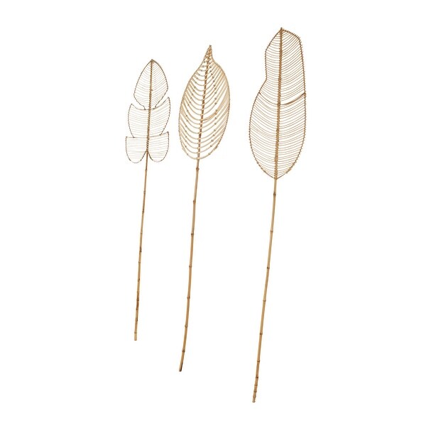 Black Bamboo Wood Handmade Tall Palm Leaf Woven Stick Leaf Home Decor Natural Foliage with Varying Shapes (Set of 3)