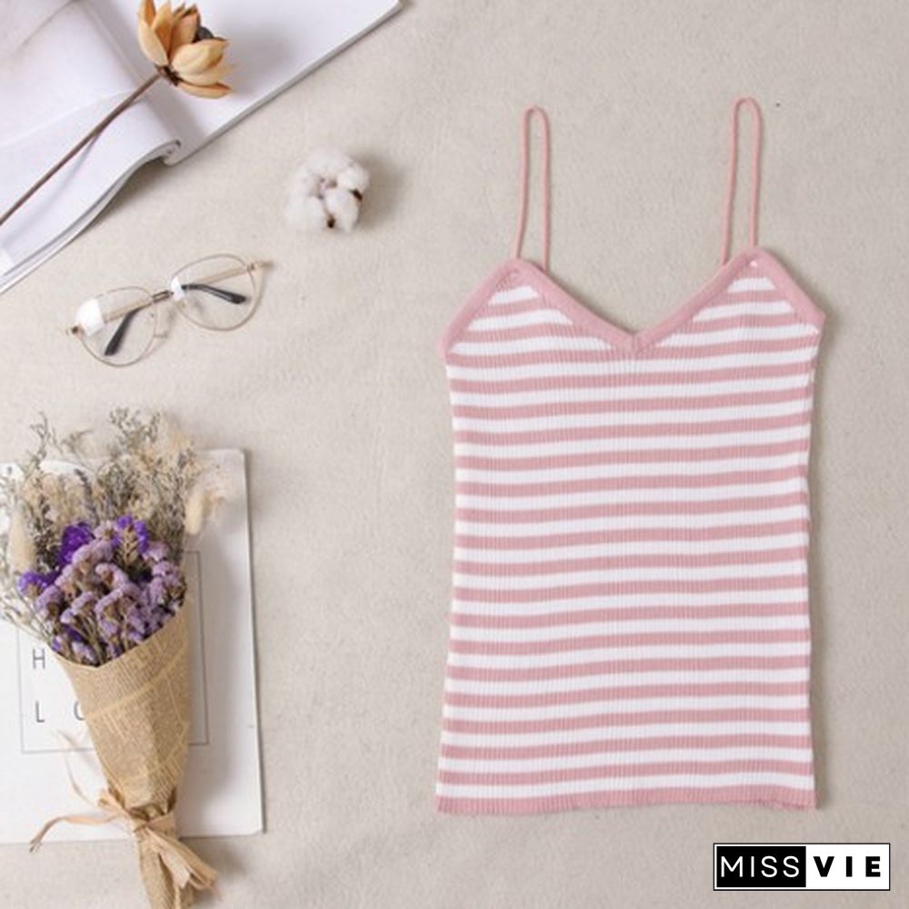 Women Knitted Tank Tops Sexy Spaghetti Strap Stretch Cropped Tops Striped Knit Camisole One Size Hot Sale Wdc4755