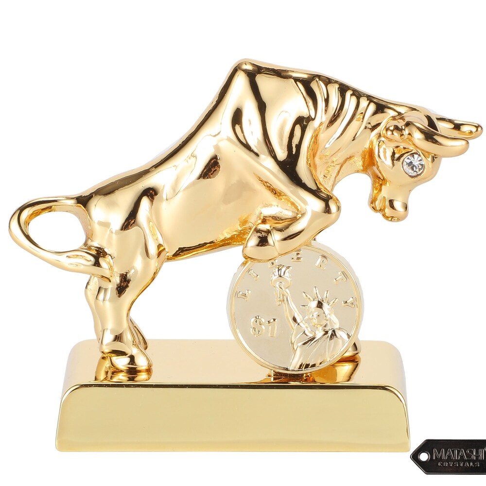 Matashi 24K Gold Plated Crystal Studded Ox/Bull Figurine with Coin Ornament Collectible Gift  Ox Wealth Statue  Bull Statue