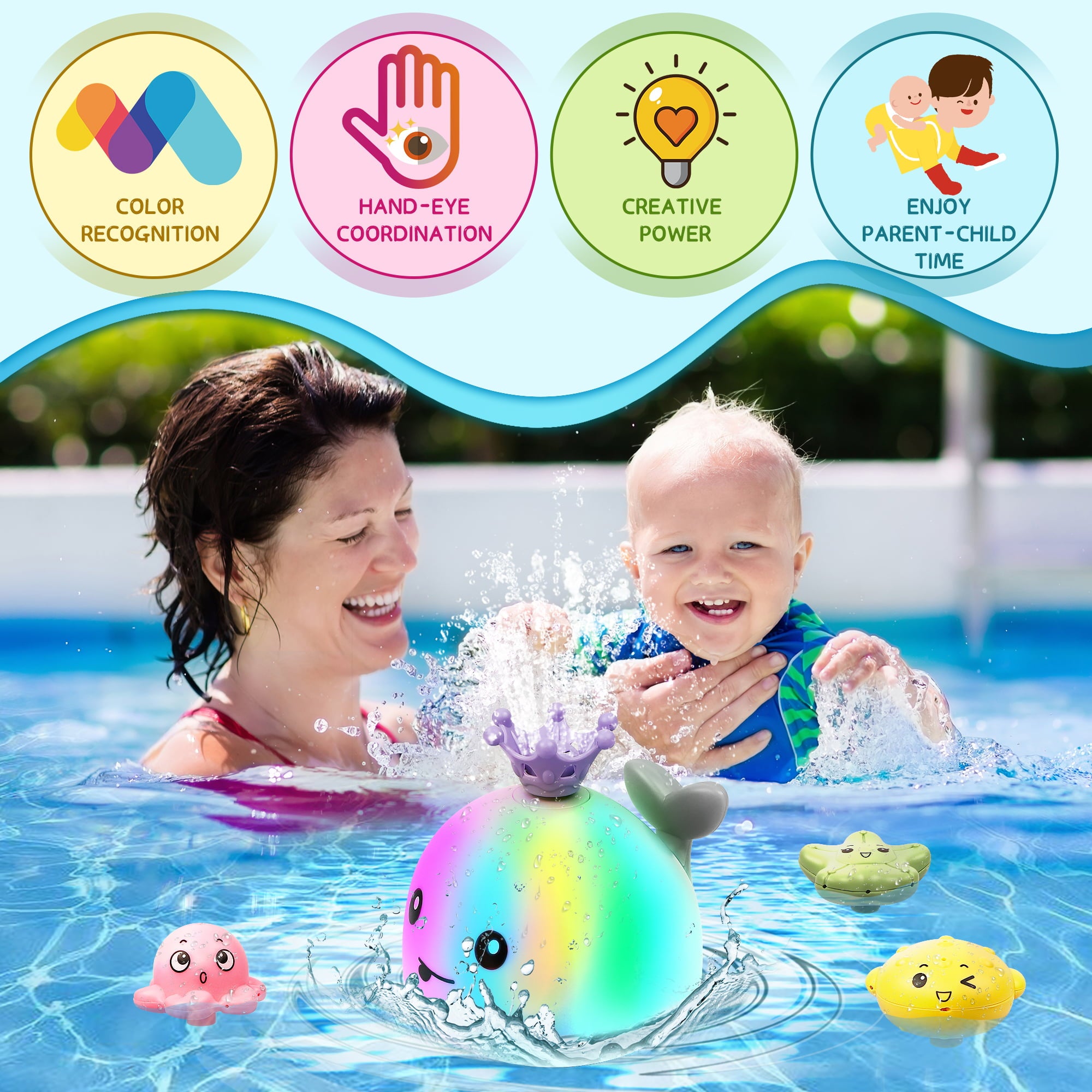 Hot Bee Whale Bath Toys for Kids， 4 Water Spraying Modes Summer Swimming Pool Toys， Light up Sprinkler Bathtub Toys Christmas Birthday Gift for Baby Boys Girls-Gray