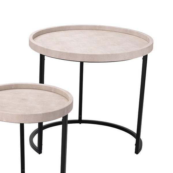 Side Table with Faux Shagreen Accent， Set of 3， Beige