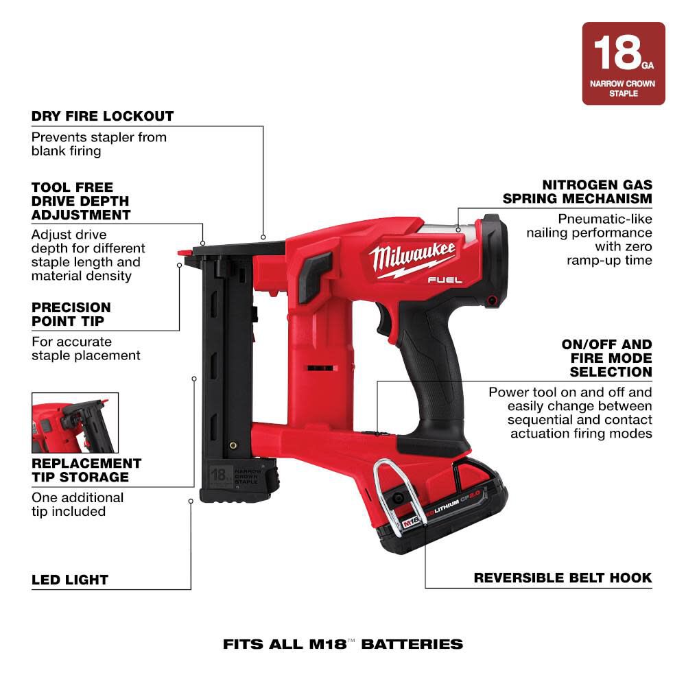 Milwaukee M18 FUEL 18 Gauge 1/4 in. Narrow Crown Stapler Kit 2749-21CT from Milwaukee