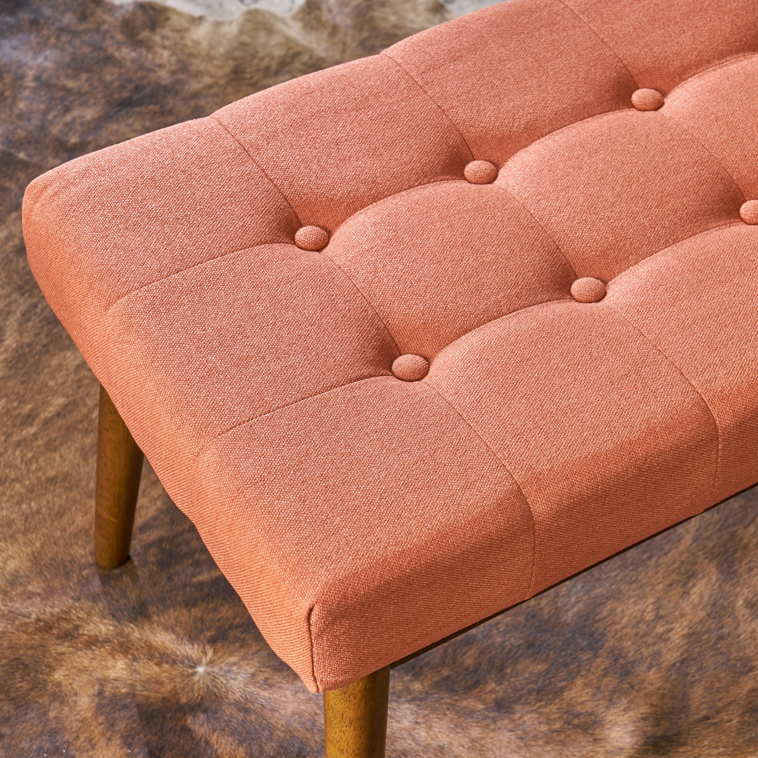 Flora Mid-Century Button Tufted Fabric Ottoman Bench with Tapered Legs