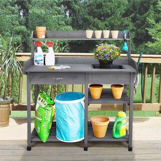 Yaheetech Outdoor Solid Wood Potting Bench with Drawer Adjustable Shelf Rack and Removable Sink DY64l90001