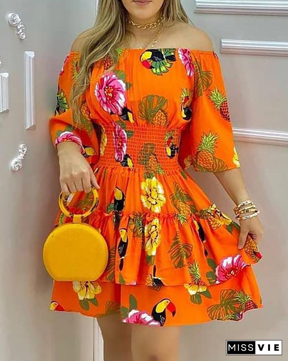 Fashion Elegant Fruit Print Off Shoulder Short Sleeve Kawaii Fairy High Waist Pleated A-Line Dress Summer Women's Party Dress