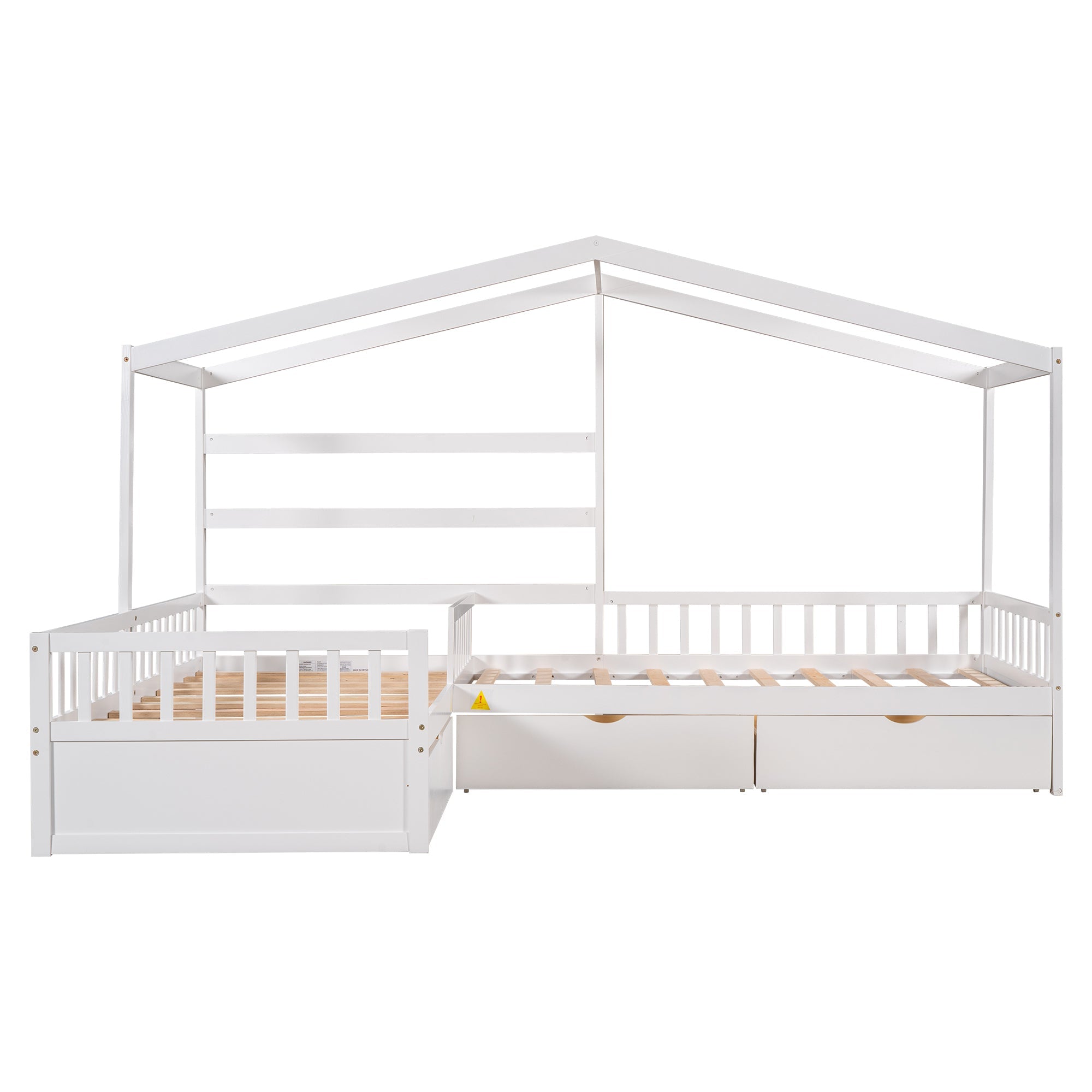 Wood Twin Double House Bed with Three Drawers for Kids, White