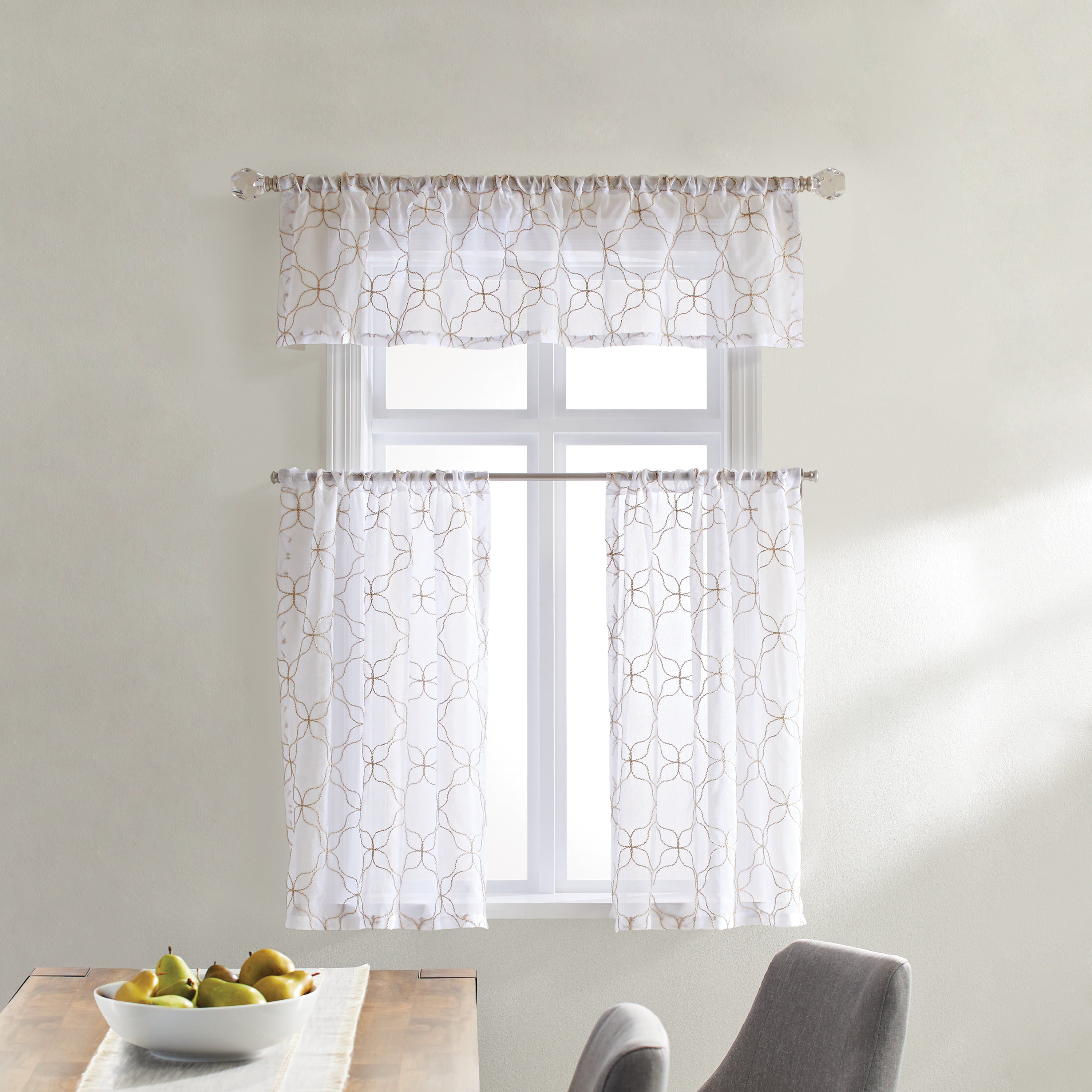 Better Homes & Gardens 3 Piece Sheer Quatrefoil Window Valance and Tier Set, Khaki, 36 x 60