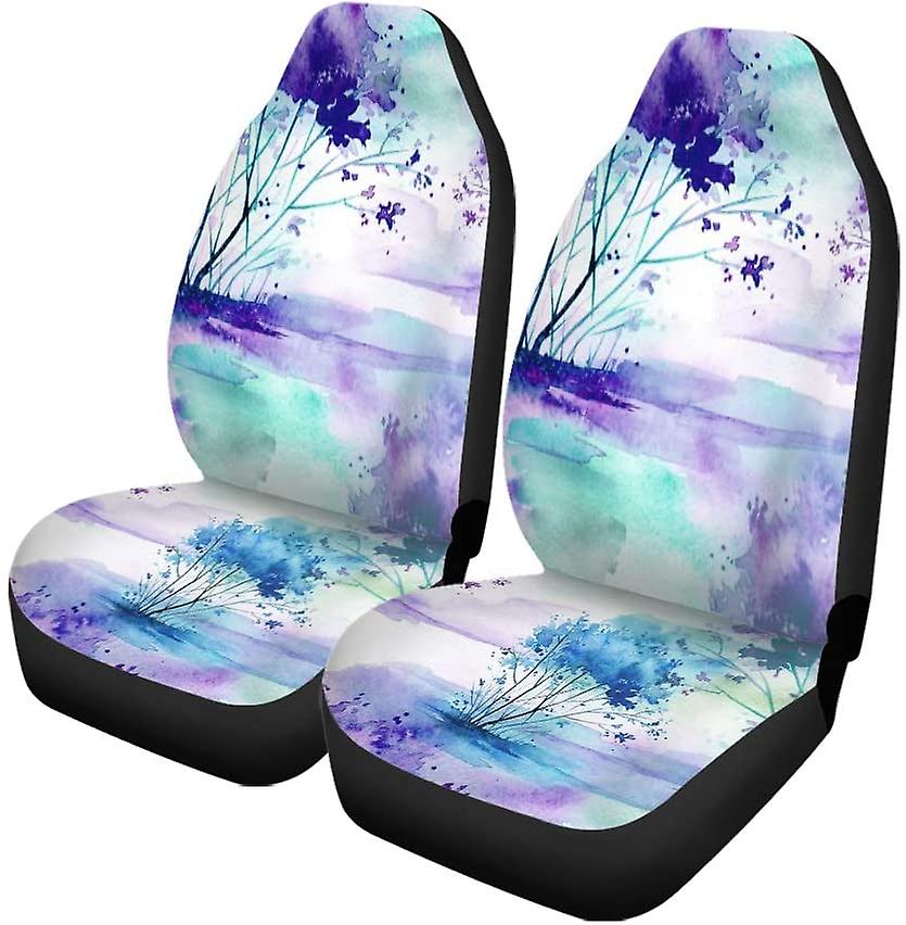 Set Of 2 Car Seat Covers Watercolor Vintage Pattern Blue Purple Bush Tree Beautiful Landscape Universal Auto Front Seats Protector Fits