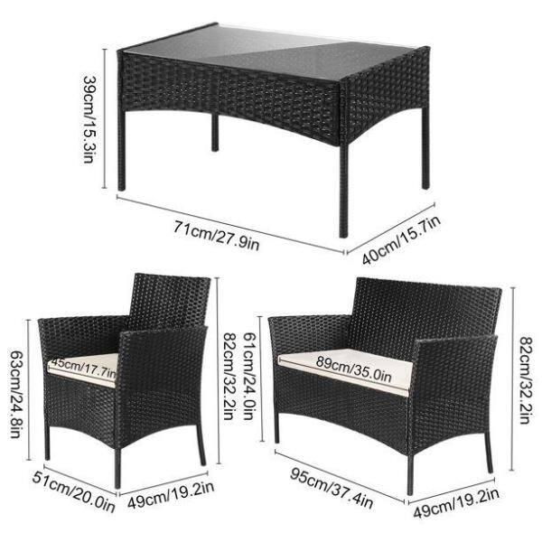 bigzzia Black 4Pieces PE Wicker Outdoor Patio Furniture Sets Loveseat Includes Armchairs and Table with Cushions