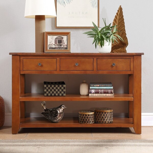 Solid Pine Wood Console Table Cabinet， Classic Vintage Design Entryway Side Table with 3 Storage Drawers and 2 Shelves