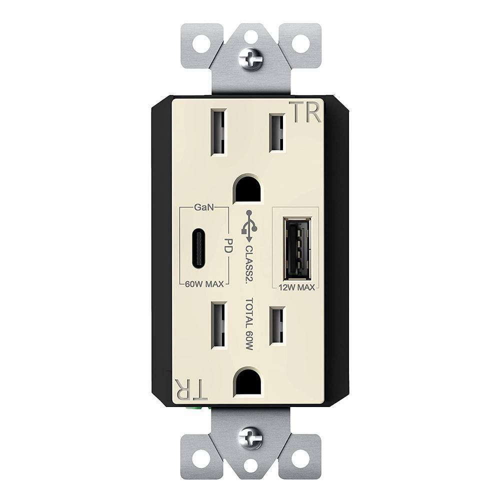 TOPGREENER 15 Amp Duplex Receptacle 60-Watt Power Delivery USB Outlet Type AC 3 Ports Light Almond TU215PD60AC-LA