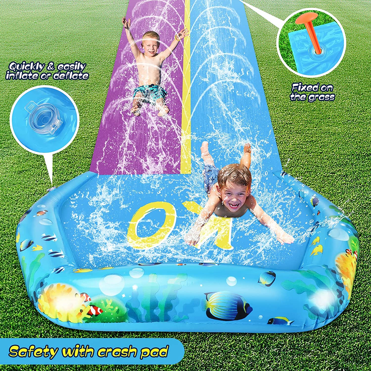 Lavinya [ 2022 Extra Long] 32ft Water Slide for Kids And Adults, Lawn Water Slides with 2 Surfboards Water Play For Endless Fun