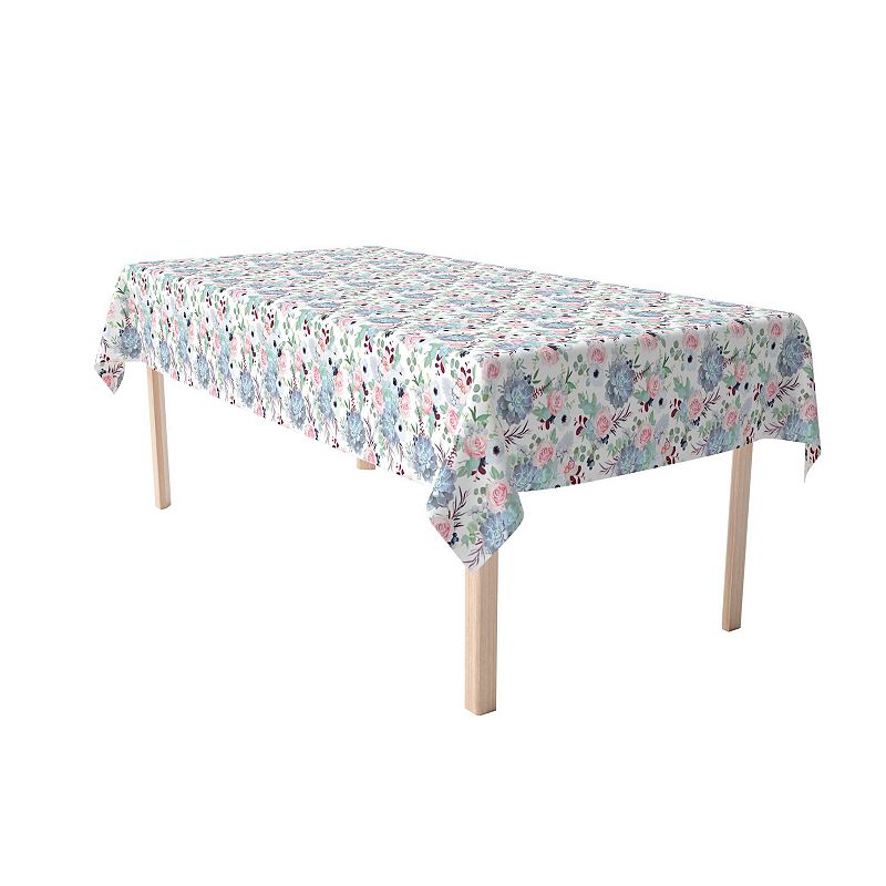 Rectangular Tablecloth， 100% Cotton， 60x104， Pink Roses and Succulents